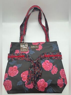 NWT Matilda Jane Rose Print Tote Bag Black Floral Bow Red Ribbon